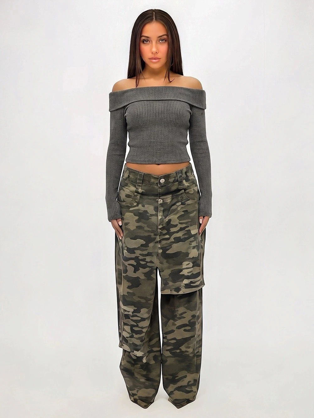 SHEIN Off Shoulder Foldover Ribbed Knit Sweater Gray